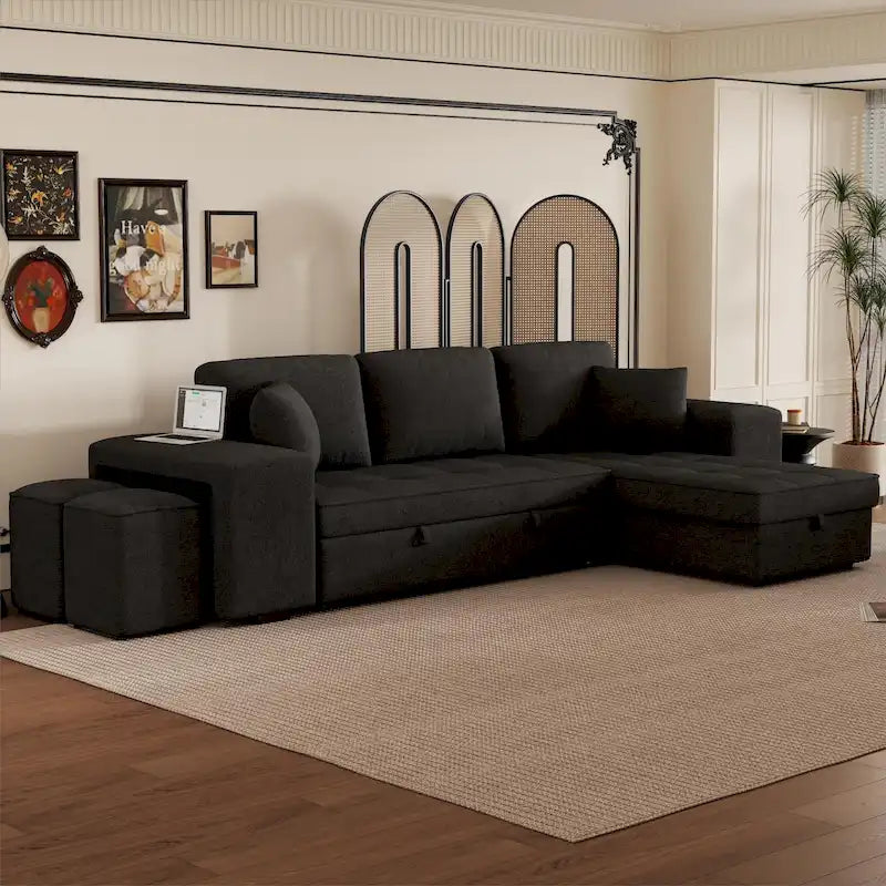 104 Modern L-Shape 3 Seat Reversible Sectional Couch, Pull Out Sleeper Sofa with Storage Chaise and 2 Stools