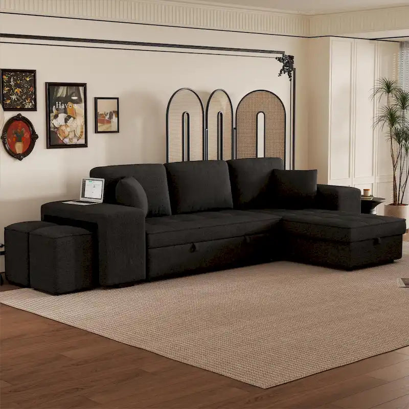 104 Modern L-Shape 3 Seat Reversible Sectional Couch, Pull Out Sleeper Sofa with Storage Chaise and 2 Stools