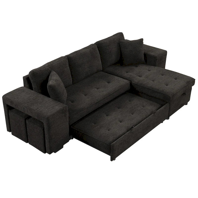 104 Modern L-Shape 3 Seat Reversible Sectional Couch, Pull Out Sleeper Sofa with Storage Chaise and 2 Stools