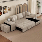 104 Modern L-Shape 3 Seat Reversible Sectional Couch, Pull Out Sleeper Sofa with Storage Chaise and 2 Stools
