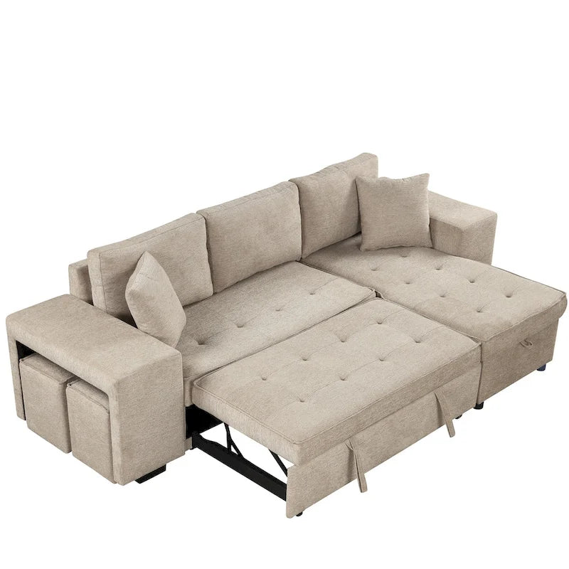 104 Modern L-Shape 3 Seat Reversible Sectional Couch, Pull Out Sleeper Sofa with Storage Chaise and 2 Stools
