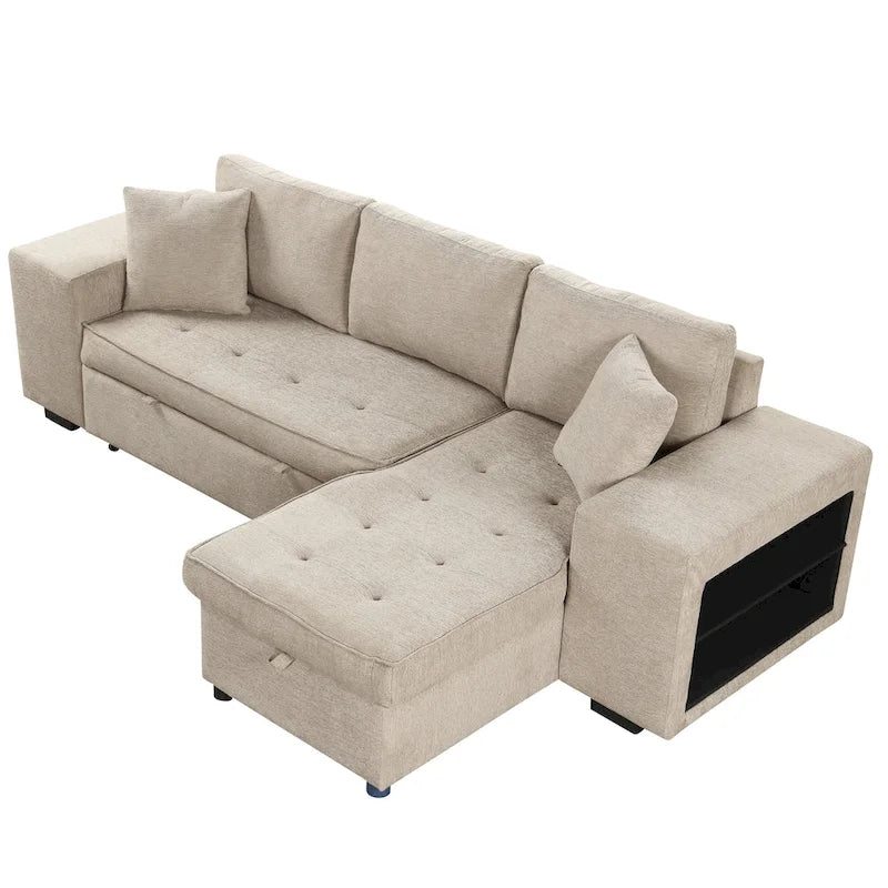 104 Modern L-Shape 3 Seat Reversible Sectional Couch, Pull Out Sleeper Sofa with Storage Chaise and 2 Stools