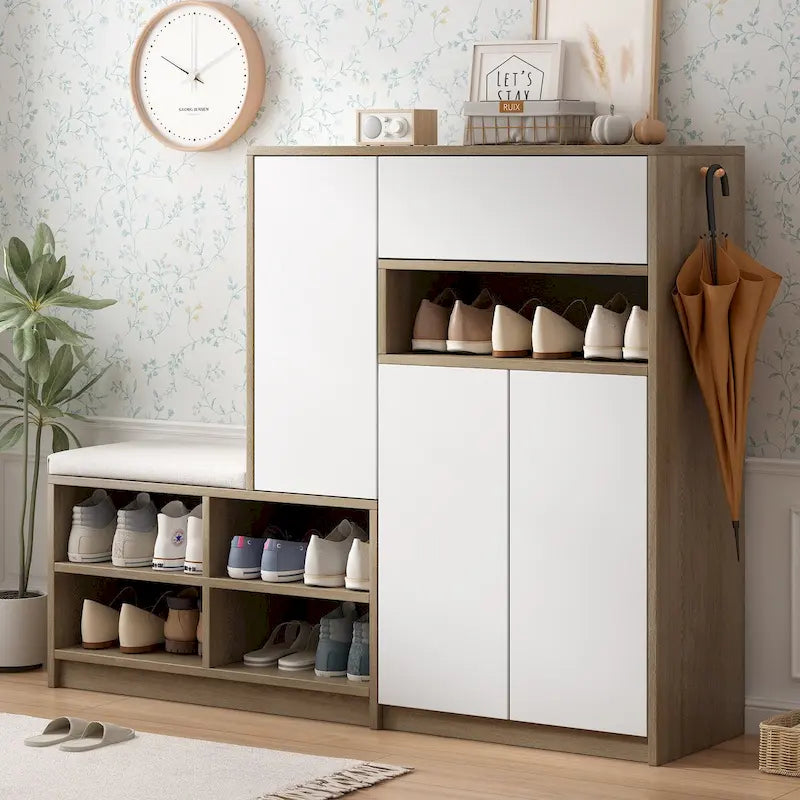 2-in-1 Shoe Storage Bench & Shoe CabinetsMulti-functional Shoe Rack with Padded Seat,with Adjustable Shelves