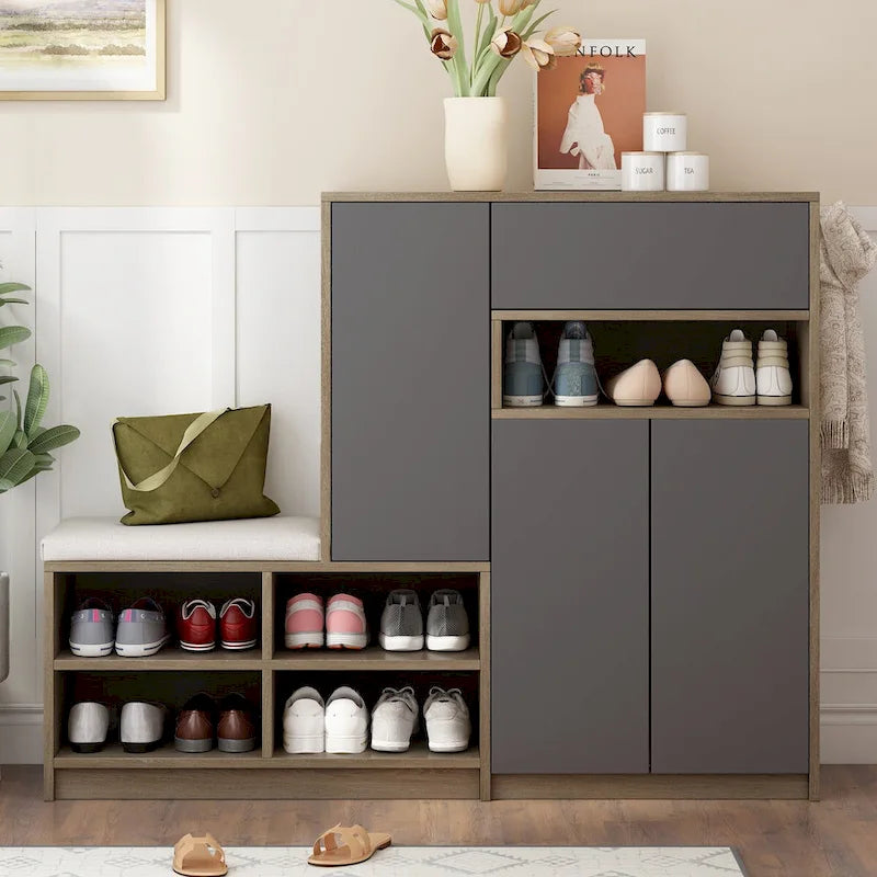 2-in-1 Shoe Storage Bench & Shoe CabinetsMulti-functional Shoe Rack with Padded Seat,with Adjustable Shelves