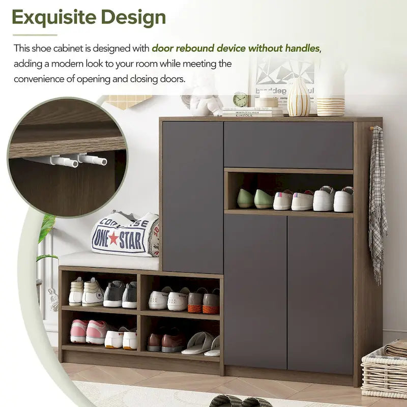 2-in-1 Shoe Storage Bench & Shoe CabinetsMulti-functional Shoe Rack with Padded Seat,with Adjustable Shelves