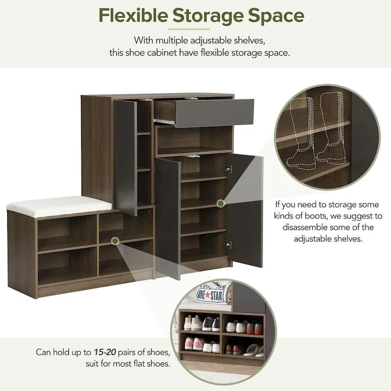 2-in-1 Shoe Storage Bench & Shoe CabinetsMulti-functional Shoe Rack with Padded Seat,with Adjustable Shelves