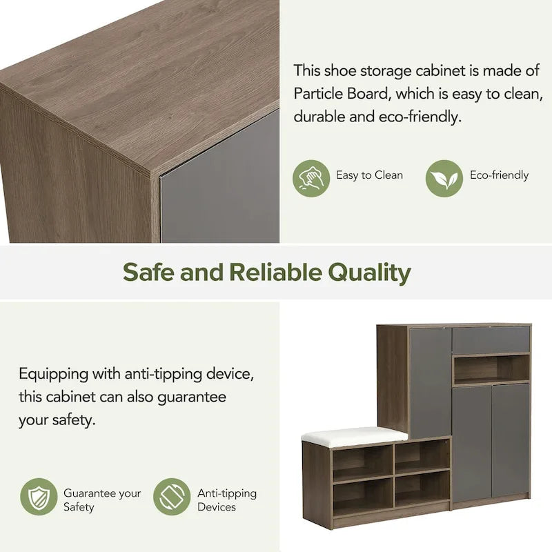 2-in-1 Shoe Storage Bench & Shoe CabinetsMulti-functional Shoe Rack with Padded Seat,with Adjustable Shelves