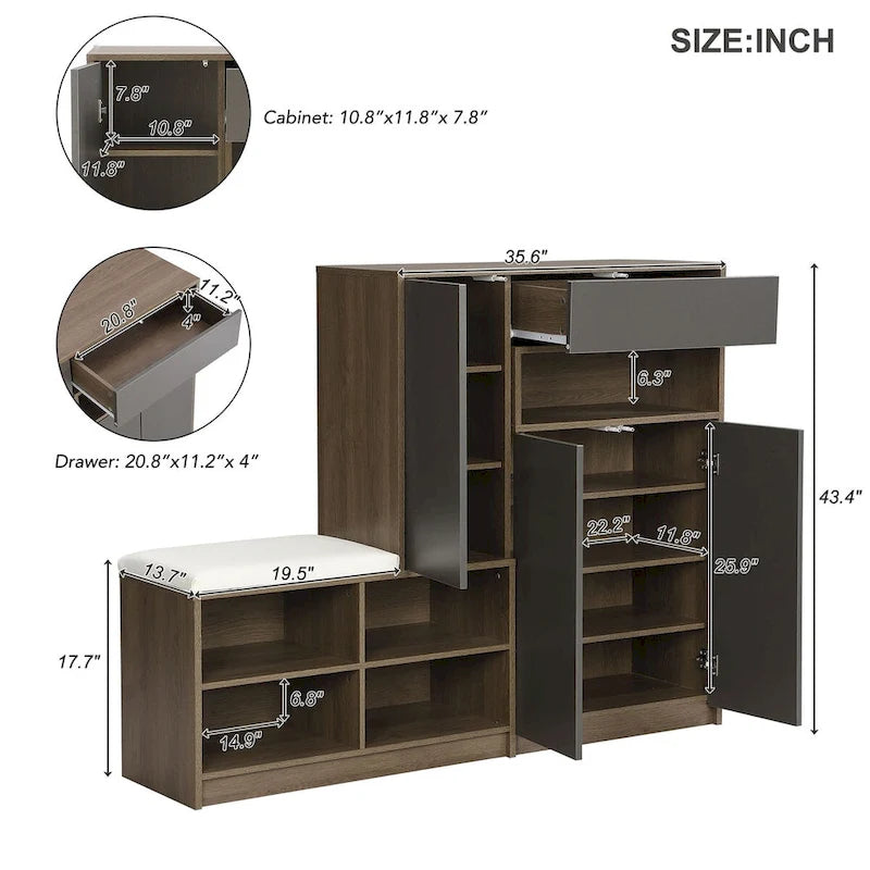 2-in-1 Shoe Storage Bench & Shoe CabinetsMulti-functional Shoe Rack with Padded Seat,with Adjustable Shelves