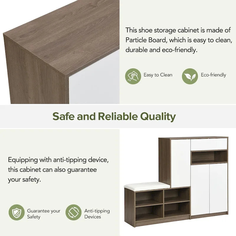 2-in-1 Shoe Storage Bench & Shoe CabinetsMulti-functional Shoe Rack with Padded Seat,with Adjustable Shelves