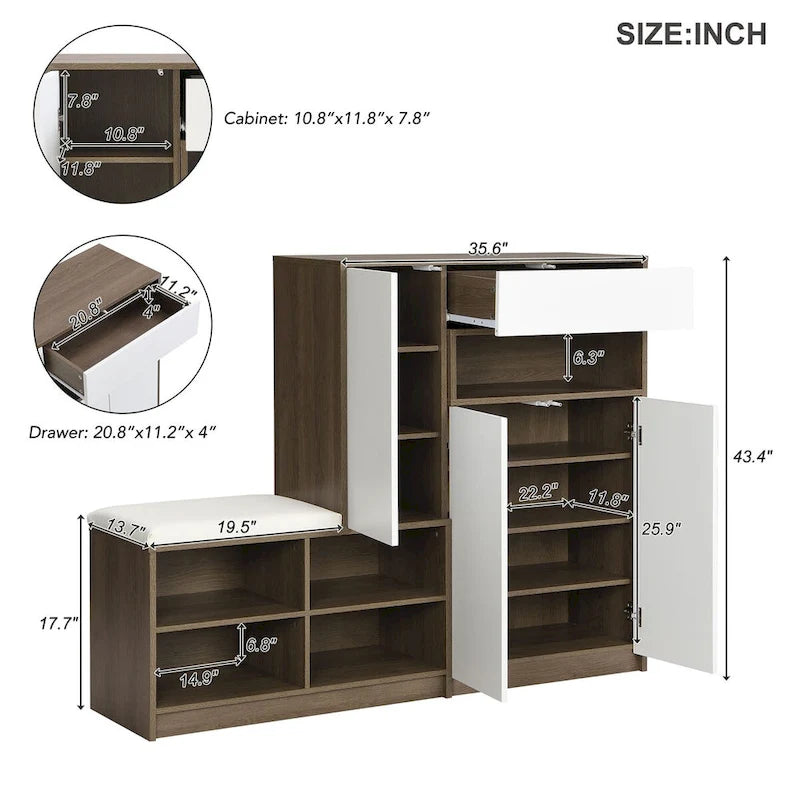 2-in-1 Shoe Storage Bench & Shoe CabinetsMulti-functional Shoe Rack with Padded Seat,with Adjustable Shelves