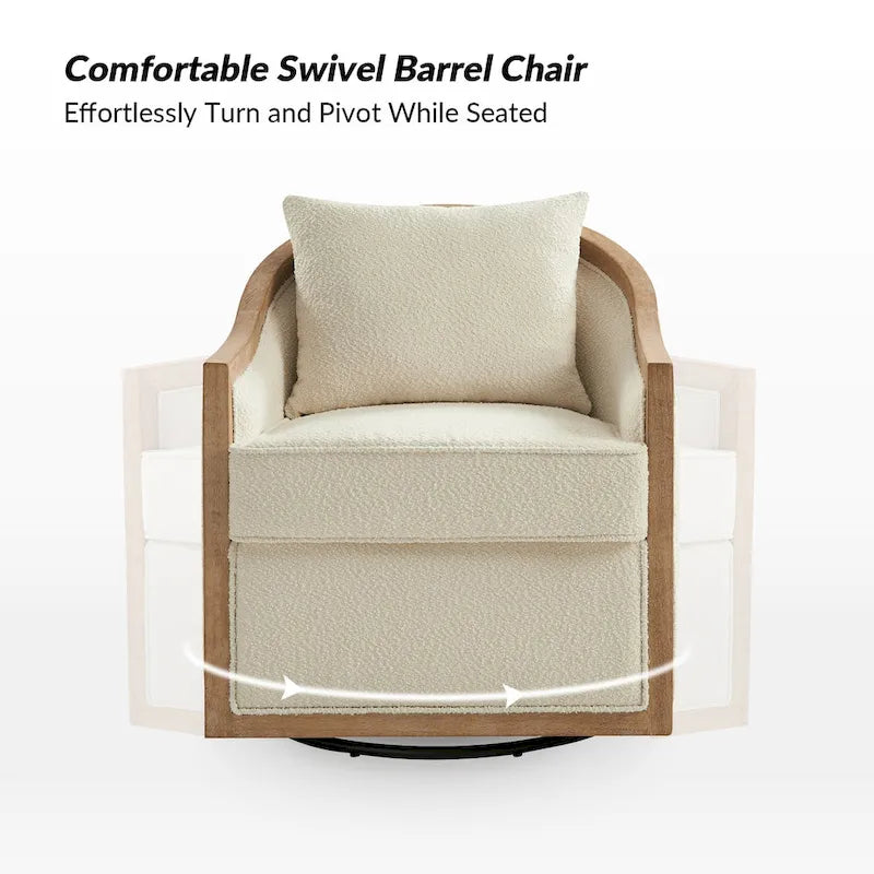 Oswald Jess Farmhouse Solid Wood Edging Swivel Barrel Chair with Toss Pillows by HULALA HOME