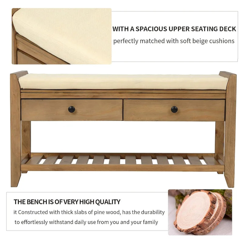 Shoe Rack with Cushioned Seat and Drawers, Multipurpose Entryway Storage Bench