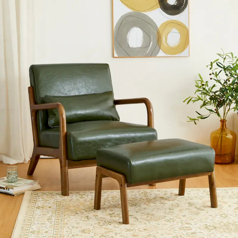 Glitzhome 30.75 H Mid-Century PU Leather Armchair with Ottoman Set