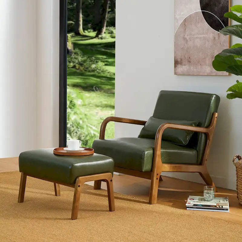 Glitzhome 30.75 H Mid-Century PU Leather Armchair with Ottoman Set