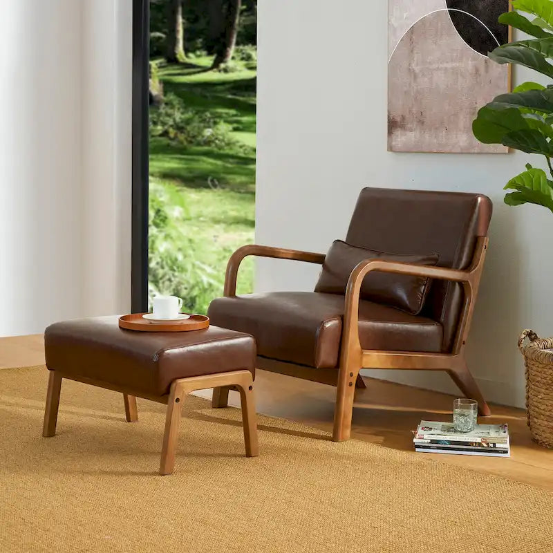Glitzhome 30.75 H Mid-Century PU Leather Armchair with Ottoman Set