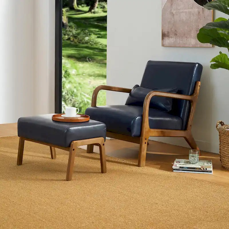 Glitzhome 30.75 H Mid-Century PU Leather Armchair with Ottoman Set