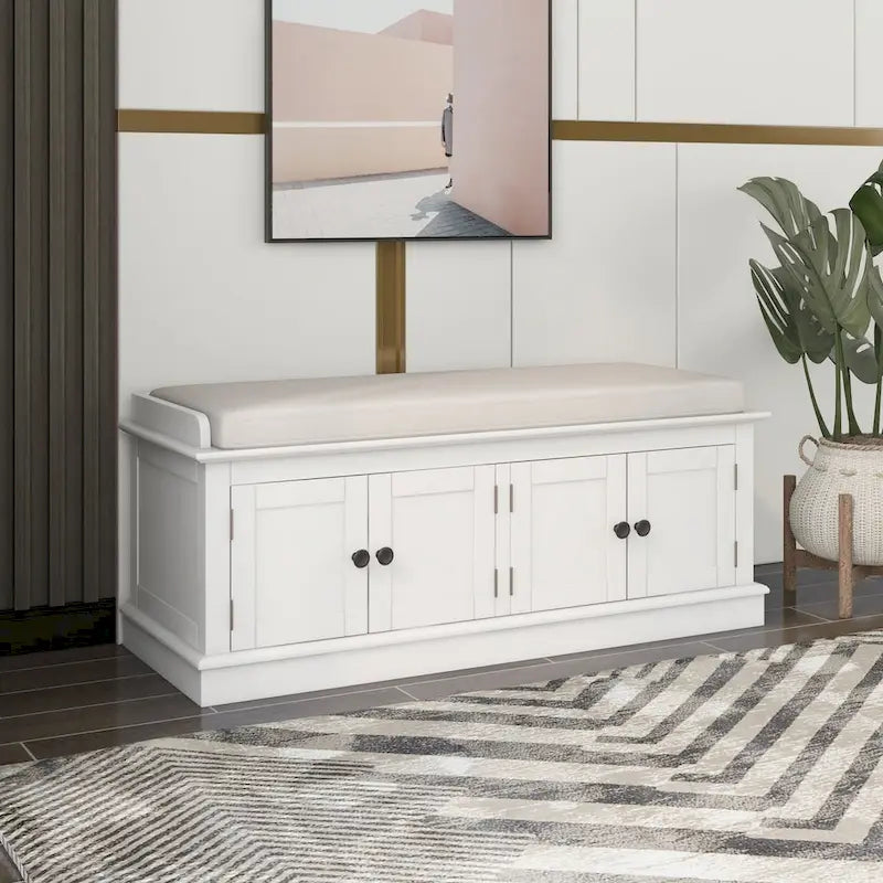 Storage Bench with 4 Doors and Adjustable Shelves, Shoe Bench with Removable Cushion for Living Room, Entryway