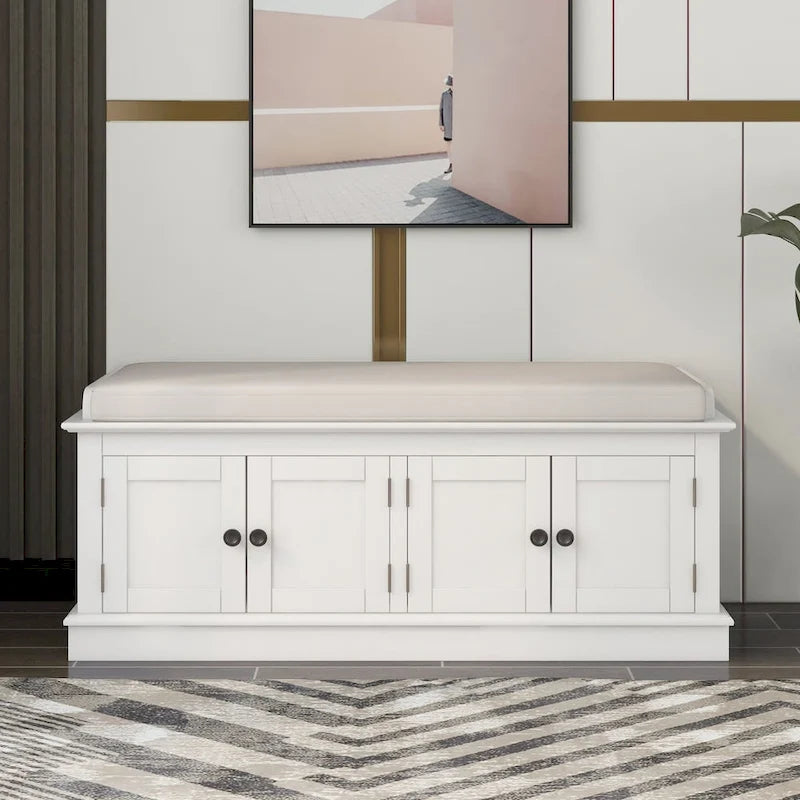 Storage Bench with 4 Doors and Adjustable Shelves, Shoe Bench with Removable Cushion for Living Room, Entryway
