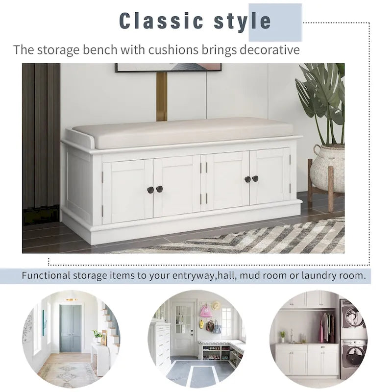 Storage Bench with 4 Doors and Adjustable Shelves, Shoe Bench with Removable Cushion for Living Room, Entryway