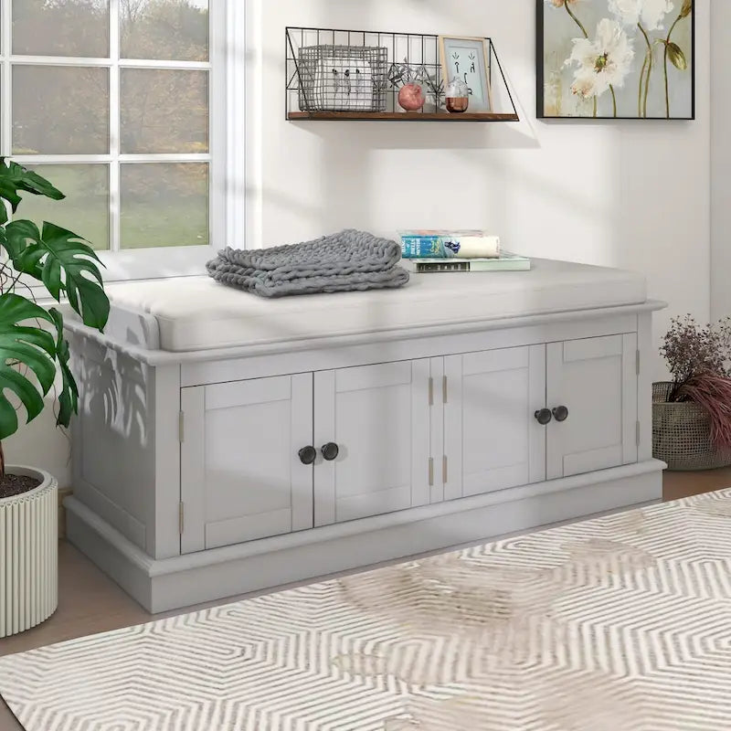 Storage Bench with 4 Doors and Adjustable Shelves, Shoe Bench with Removable Cushion for Living Room, Entryway