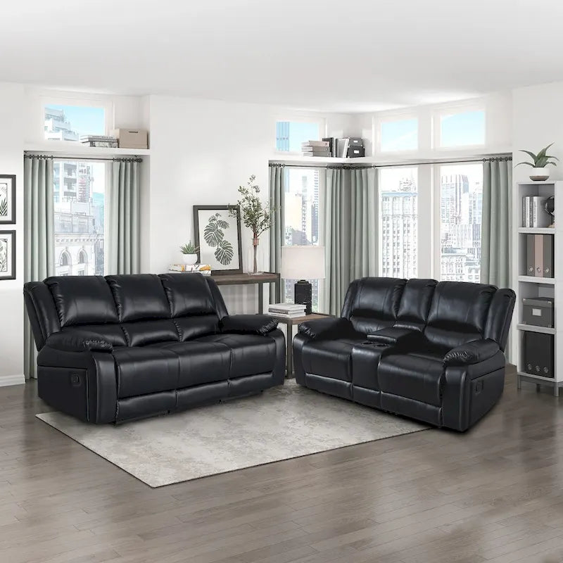 2-Piece Classic Faux Leather Manual Reclining Living Room Sofa Set with Console and Cup Holders