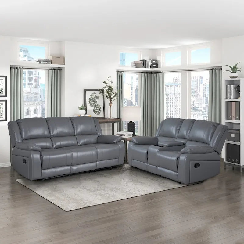 2-Piece Classic Faux Leather Manual Reclining Living Room Sofa Set with Console and Cup Holders