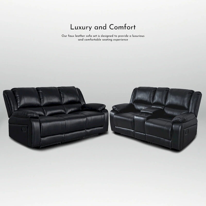 2-Piece Classic Faux Leather Manual Reclining Living Room Sofa Set with Console and Cup Holders
