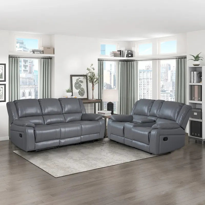 2-Piece Classic Faux Leather Manual Reclining Living Room Sofa Set with Console and Cup Holders