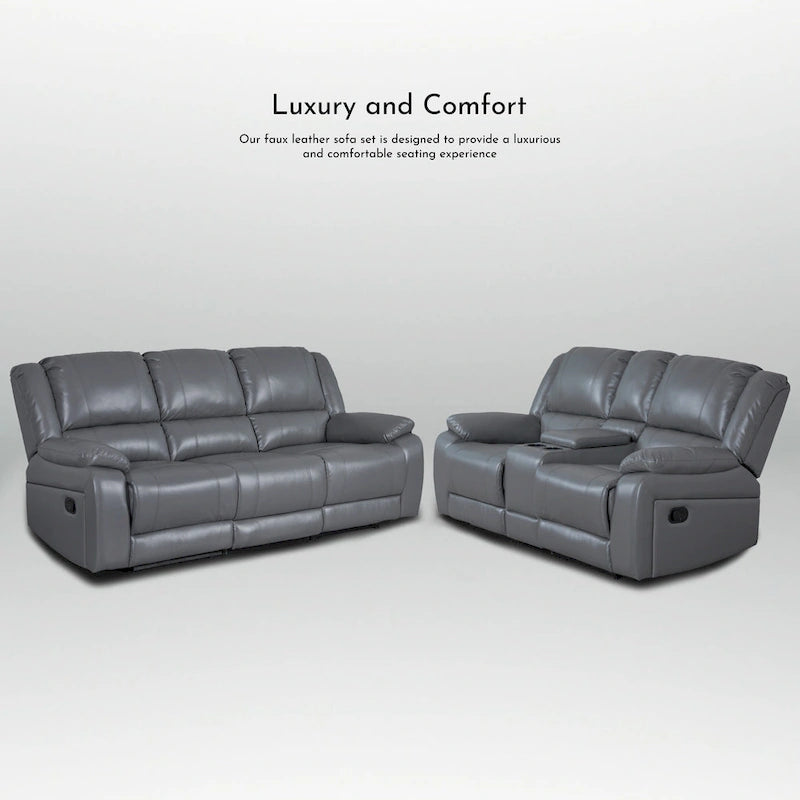 2-Piece Classic Faux Leather Manual Reclining Living Room Sofa Set with Console and Cup Holders