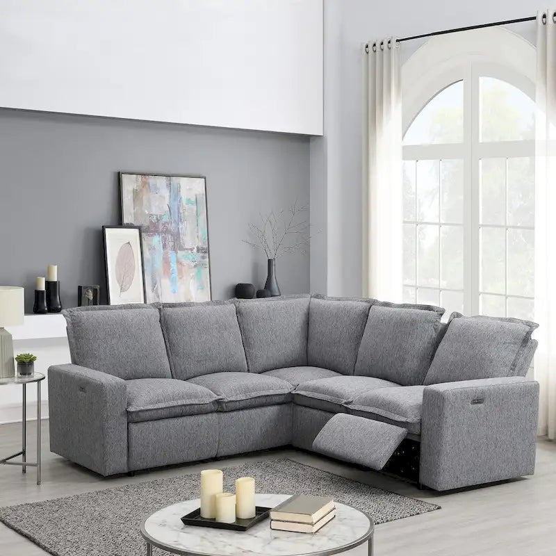 Power Recliner Chair Linen Upholstered L-Shaped Sectional Sofa, Home Theater Seating Soft Chair with USB Port for Living Room