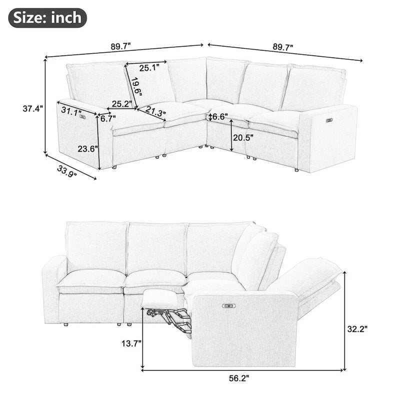Power Recliner Chair Linen Upholstered L-Shaped Sectional Sofa, Home Theater Seating Soft Chair with USB Port for Living Room