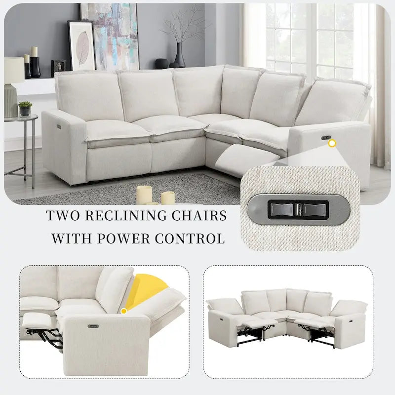 Power Recliner Chair Linen Upholstered L-Shaped Sectional Sofa, Home Theater Seating Soft Chair with USB Port for Living Room