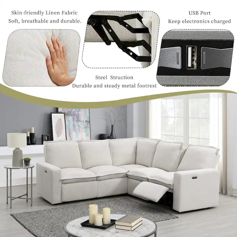 Power Recliner Chair Linen Upholstered L-Shaped Sectional Sofa, Home Theater Seating Soft Chair with USB Port for Living Room