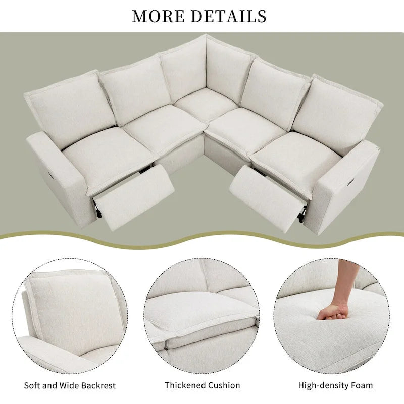 Power Recliner Chair Linen Upholstered L-Shaped Sectional Sofa, Home Theater Seating Soft Chair with USB Port for Living Room