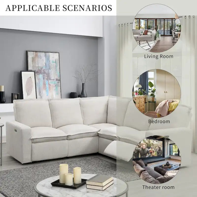 Power Recliner Chair Linen Upholstered L-Shaped Sectional Sofa, Home Theater Seating Soft Chair with USB Port for Living Room