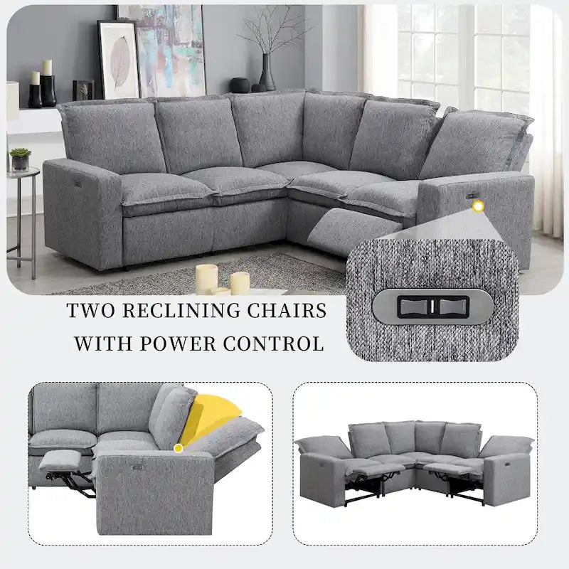 Power Recliner Chair Linen Upholstered L-Shaped Sectional Sofa, Home Theater Seating Soft Chair with USB Port for Living Room