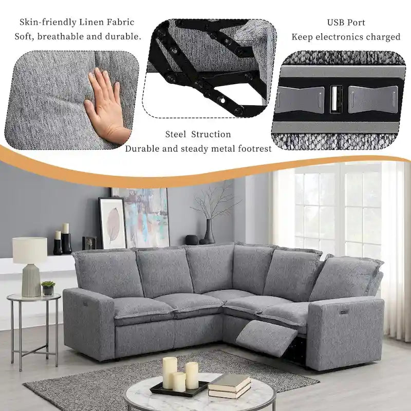 Power Recliner Chair Linen Upholstered L-Shaped Sectional Sofa, Home Theater Seating Soft Chair with USB Port for Living Room