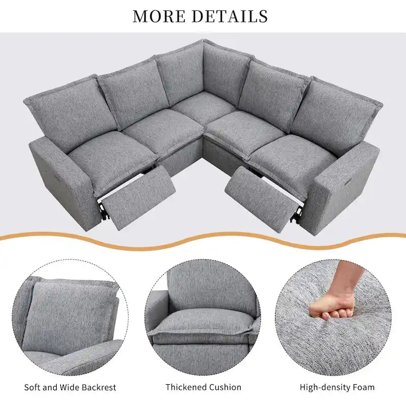 Power Recliner Chair Linen Upholstered L-Shaped Sectional Sofa, Home Theater Seating Soft Chair with USB Port for Living Room