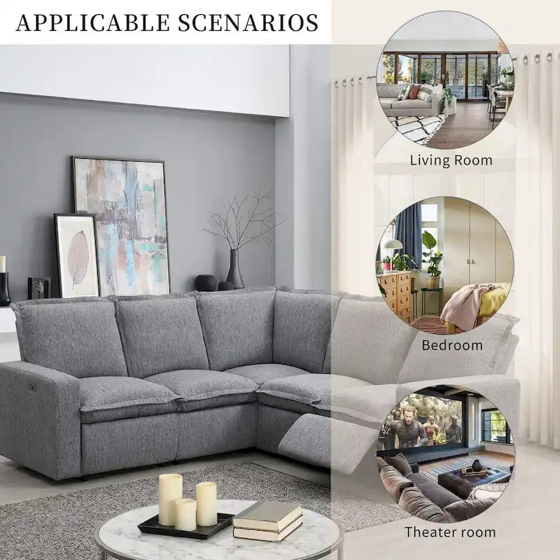 Power Recliner Chair Linen Upholstered L-Shaped Sectional Sofa, Home Theater Seating Soft Chair with USB Port for Living Room
