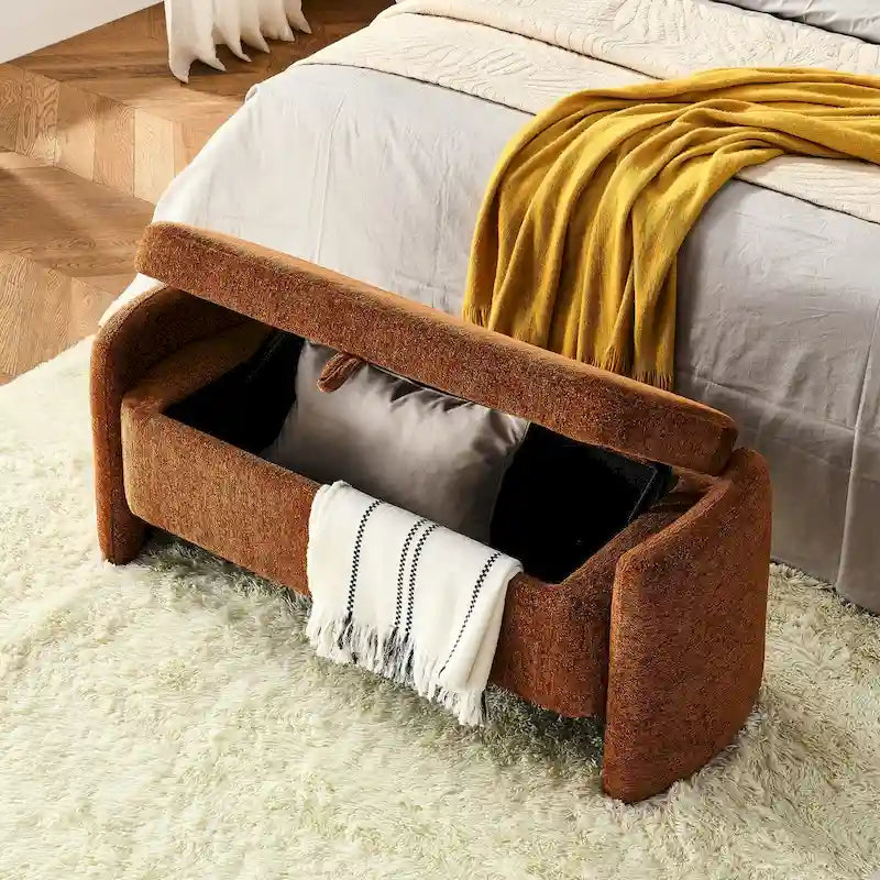 Oval Ottoman Storage Bench Chenille Fabric Bench with Large Storage Space for the Living Room, Entryway and Bedroom