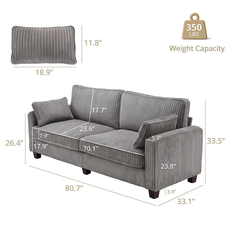 LUE BONA 81  Modern Corduroy 3 Seater Sofa, Polyester Rectangle Upholstered Sofa with Wood Base for Living Room