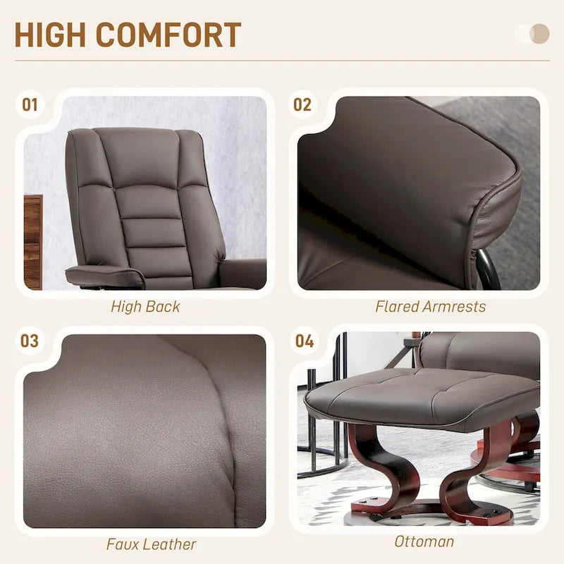 HOMCOM Swivel Recliner Chair and Ottoman, Faux Leather Reclining Chair with High Back