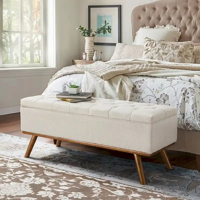 LUE BONA Mid-Century Modern Upholstered Storage Ottoman Button Tufted Fabric Storage Bench with Linen Seat