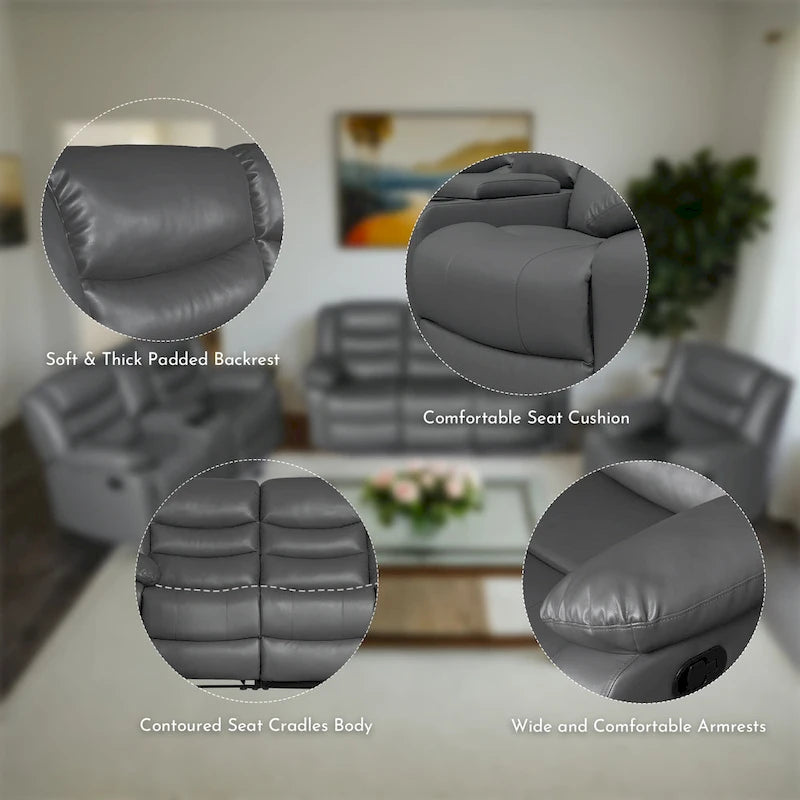 3 Piece Faux Leather Manual Reclining Livingroom Sofa Set with Dropdown Table and Console