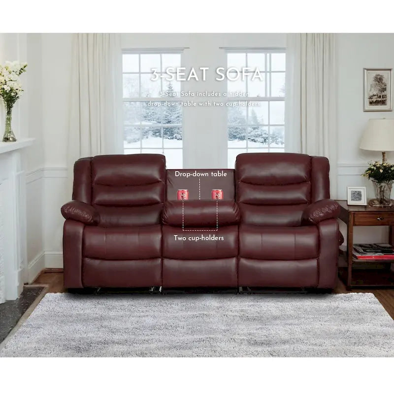 3 Piece Faux Leather Manual Reclining Livingroom Sofa Set with Dropdown Table and Console