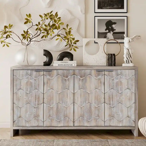 Accent Cabinet Farmhouse Style 4 Door Wooden Cabinet Sideboard Buffet Server Cabinet Storage Cabinet, for Living Room