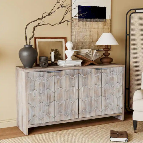 Accent Cabinet Farmhouse Style 4 Door Wooden Cabinet Sideboard Buffet Server Cabinet Storage Cabinet, for Living Room