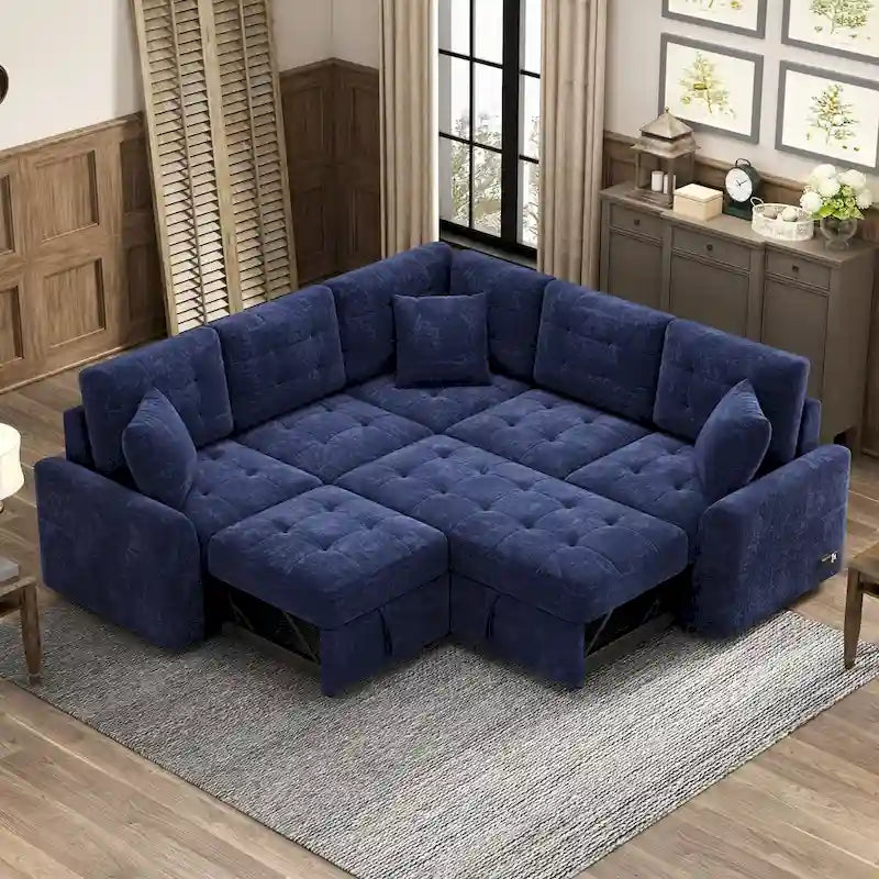 82.6-inch L-shaped Pull-out Sleeper Sofa with Wheels, USB Ports, Power Sockets - 82.6 W x 82.6 D x 33 H