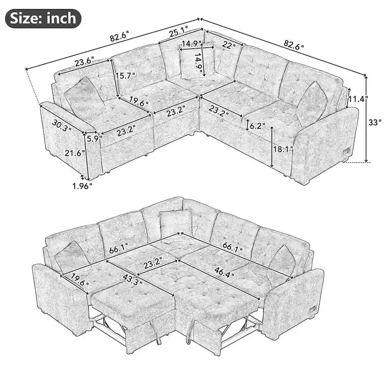 82.6-inch L-shaped Pull-out Sleeper Sofa with Wheels, USB Ports, Power Sockets - 82.6 W x 82.6 D x 33 H