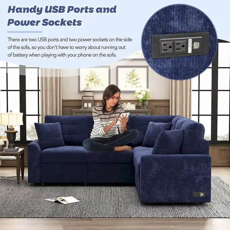 82.6-inch L-shaped Pull-out Sleeper Sofa with Wheels, USB Ports, Power Sockets - 82.6 W x 82.6 D x 33 H